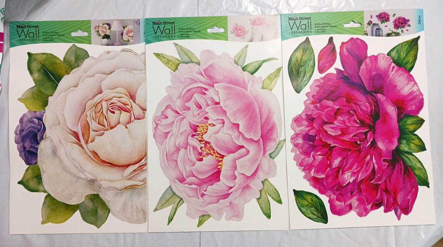Wall Decals 10" Flowers. Rose + Pink. 3 sets. Peel and stick floral decorations