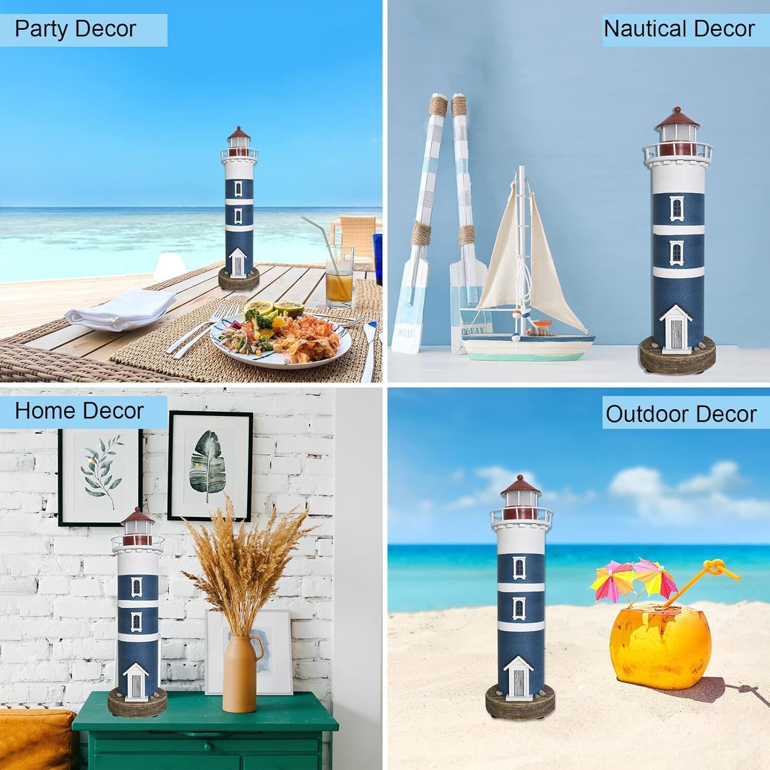 Wooden Lighthouse with Lights Nautical Tabletop Figurine Beach Themed (Blue)