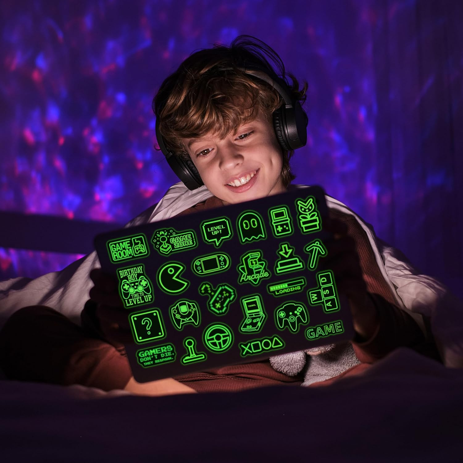 51 Pcs Neon Game Stickers for Kids Glow in the Dark, Gamer Inspirational Sticker
