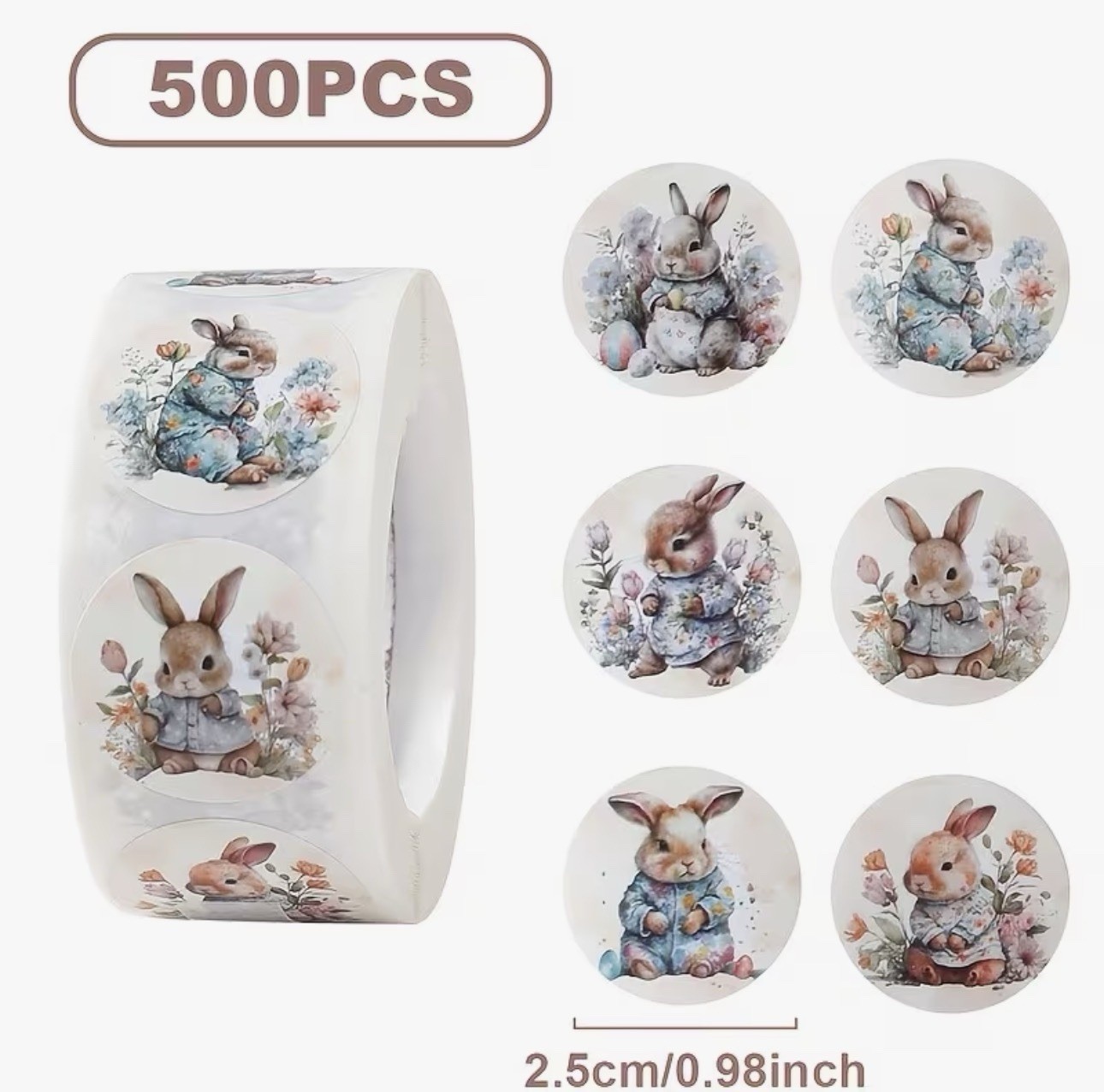 500 PCS PACK ROLL – RETRO VTG EASTER BUNNY RABBIT 1” INCH STICKER DECAL SET