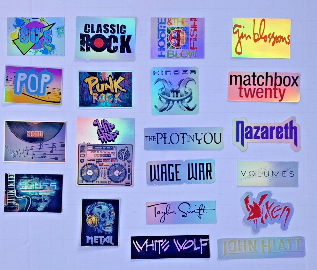 20 Classic Rock Stickers etc w/ Music Genre Stickers Waterproof HOLOGRAPHIC