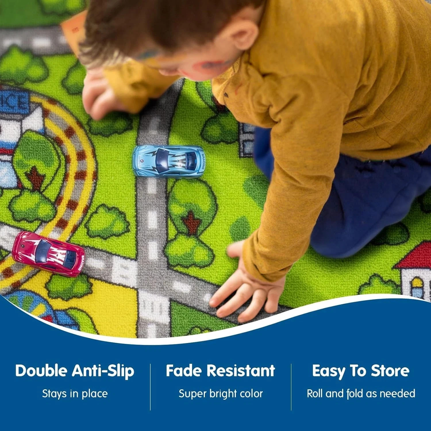 Kids' Train & City Rug – Non-Slip, Washable, Race Car Track Play Mat for Boys &