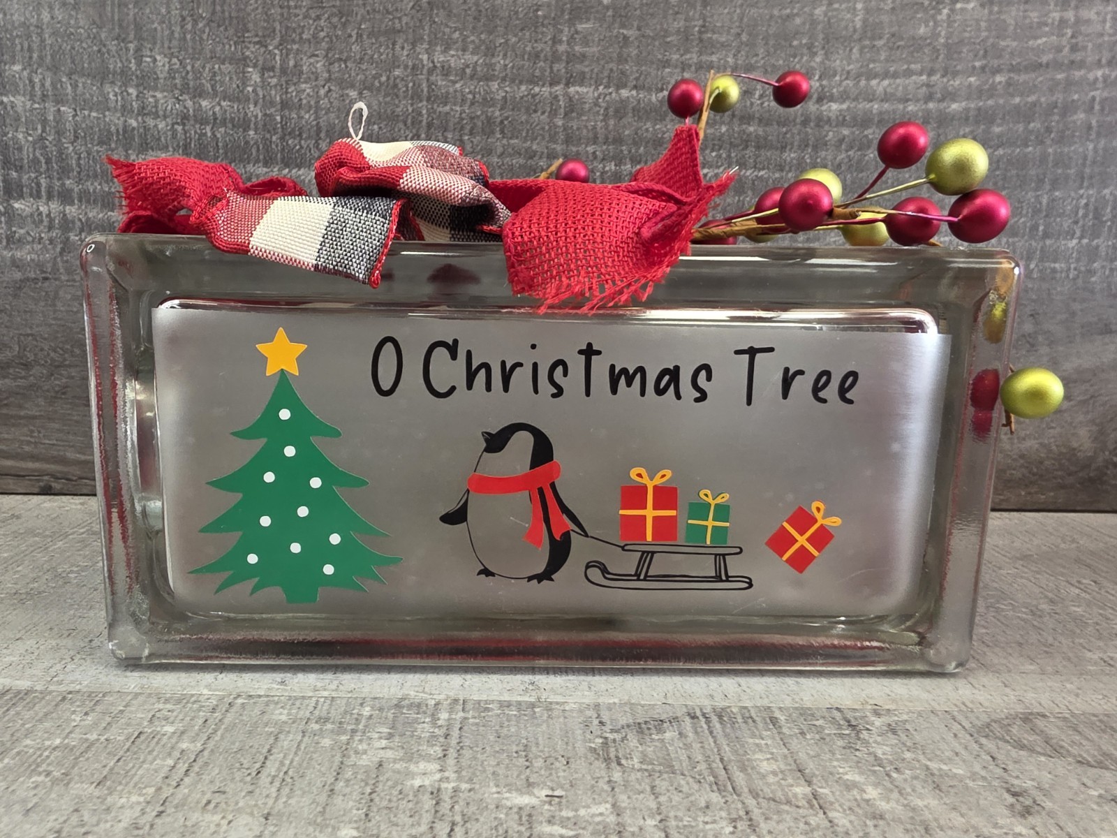 Handcrafted Christmas Penguin Glass Block 8x4x3" Lights Up O Christmas Tree g50