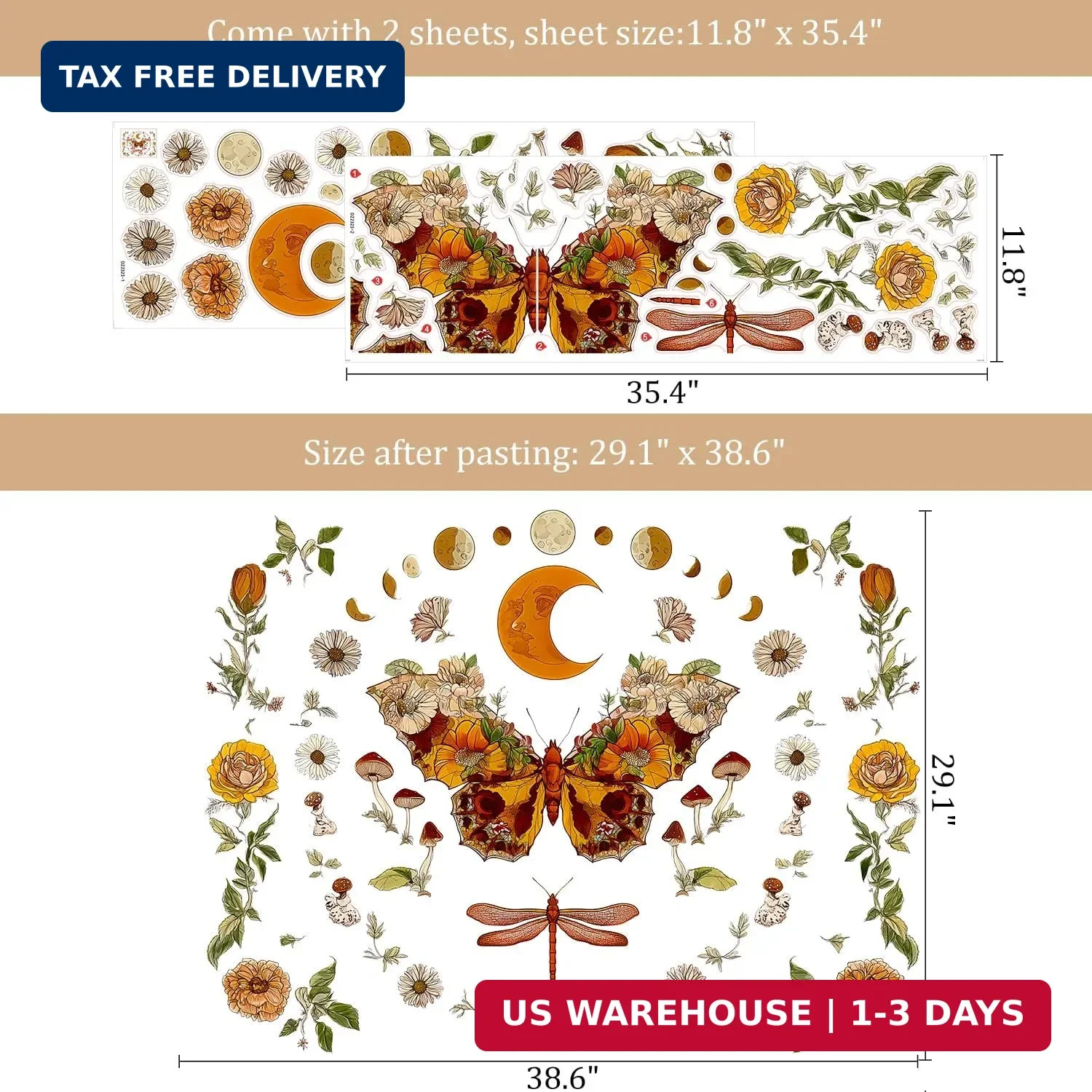 Boho Flowers Butterfly Wall Decals Peel and Stick, Sun and Moon Vinyl Wall Decor