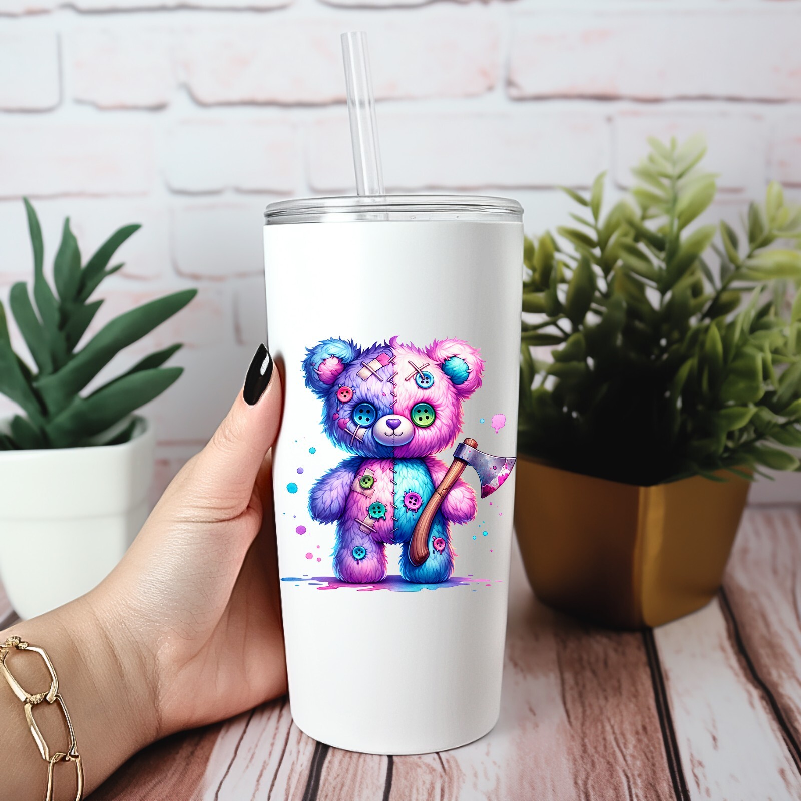 Pink Blue Homicidal Bear UV DTF Transparent Sticker / Decal