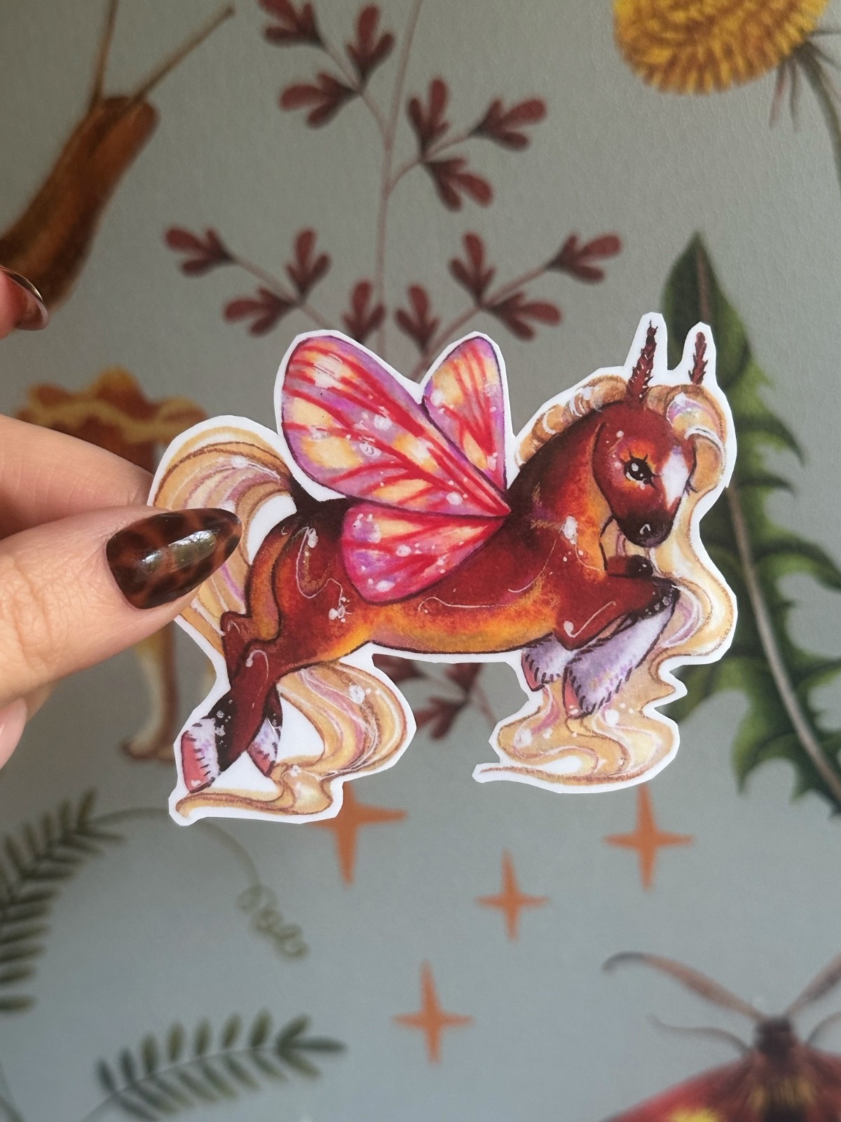 Fantasy horse butterfly moth fairy pink vinyl sticker 3” original art by ASV