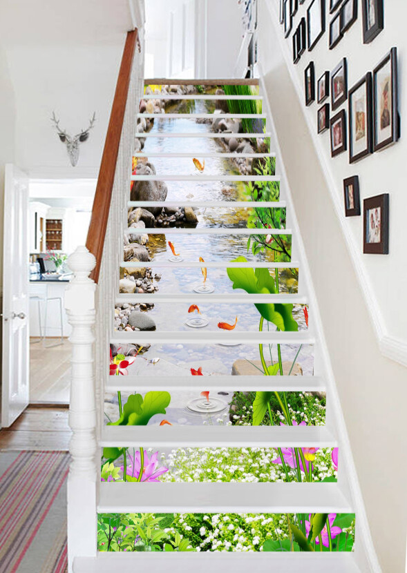 3D Lotus Goldfish AZ375 Stair Risers Decoration Mural Vinyl Wallpaper Kay