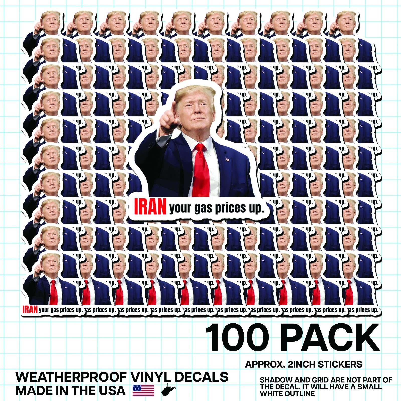 Trump “Iran Prices Up!” Sticker 100 Pack Funny Political Gas Meme Decal 2"