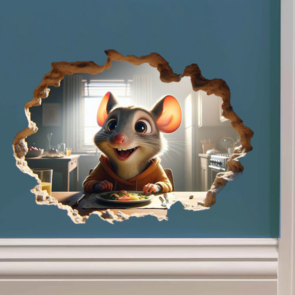 Tiny Mouse in Kitchen Wall Decal – 5" Realistic Mouse Hole Sticker