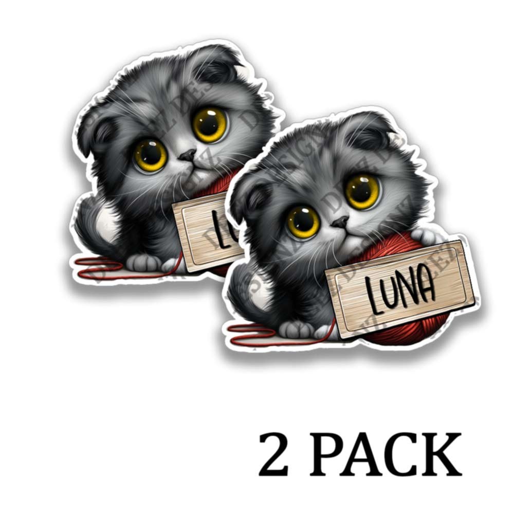 Luna the Scottish Fold Kitten Stickers Cuddly Cats Decals (PERSONALIZE!) -2 Pack