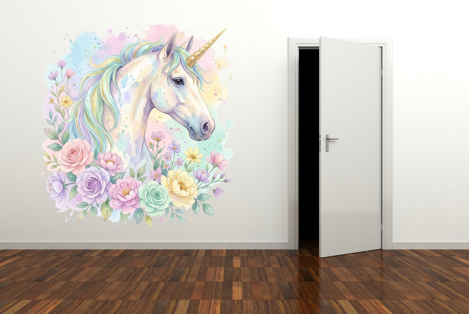 Floral Unicorn Wall Decal Vinyl Sticker Watercolor Nursery Girls Room Decor M-77