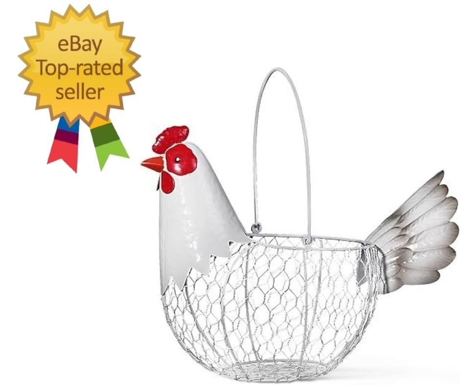Farmhouse Rustic White Chicken Wire Metal Egg Basket with Handle,Vintage Rooster