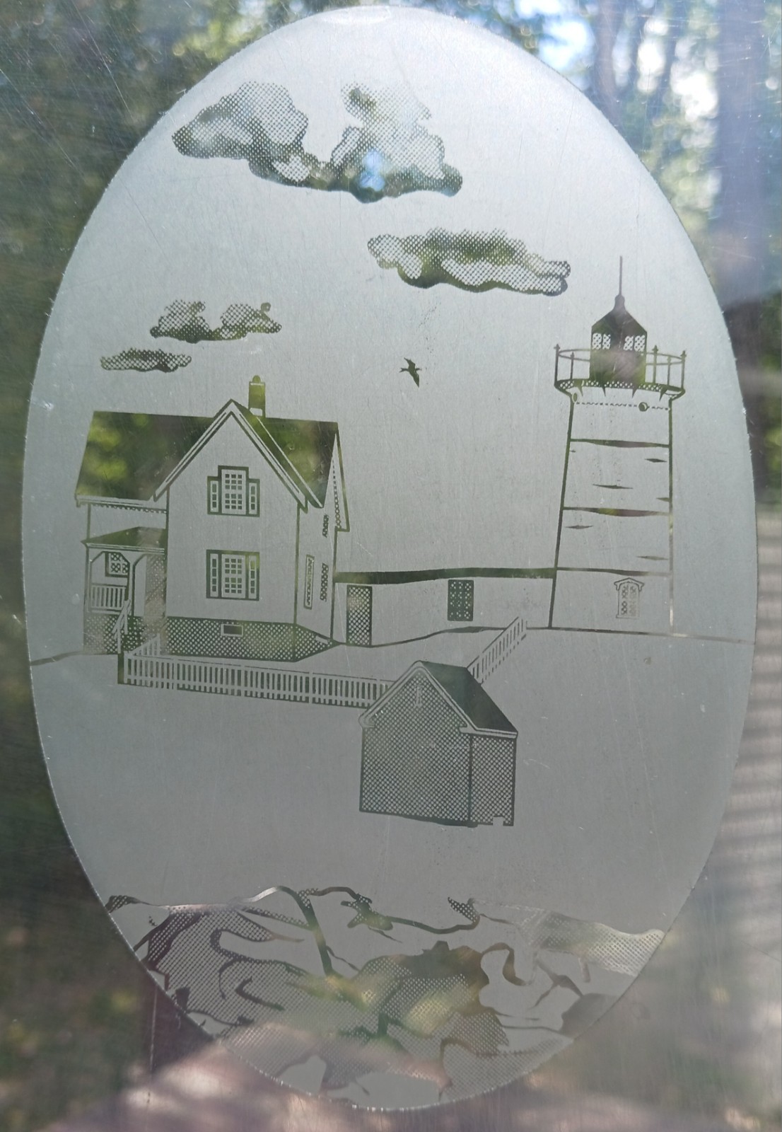 Nubble Lighthouse Decal 8"x12" OVAL Etched Look Cling Removable & Reusable 68