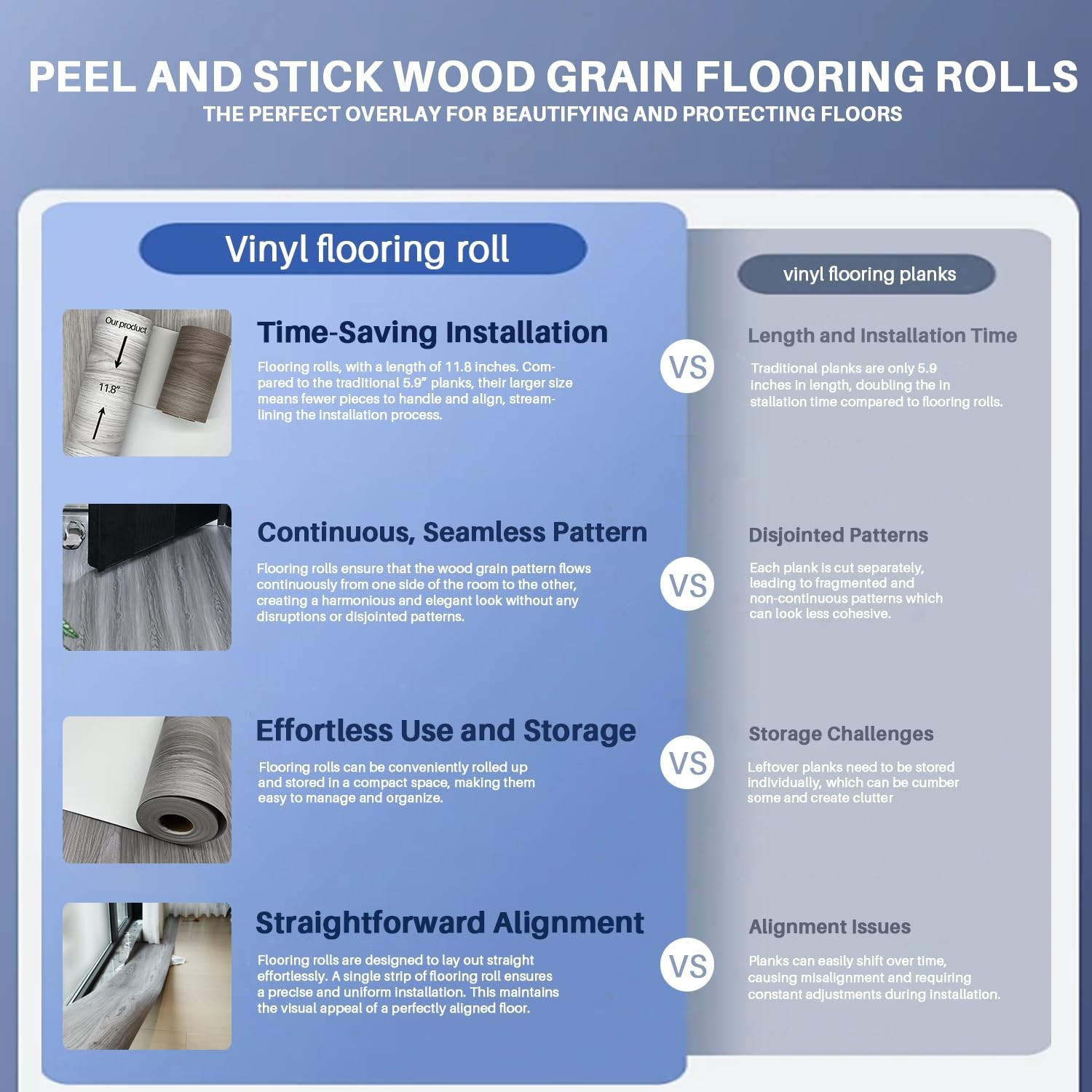 Wood Grain Peel and Stick Floor Tiles – 11.8” Width, Full Roll Lengt
