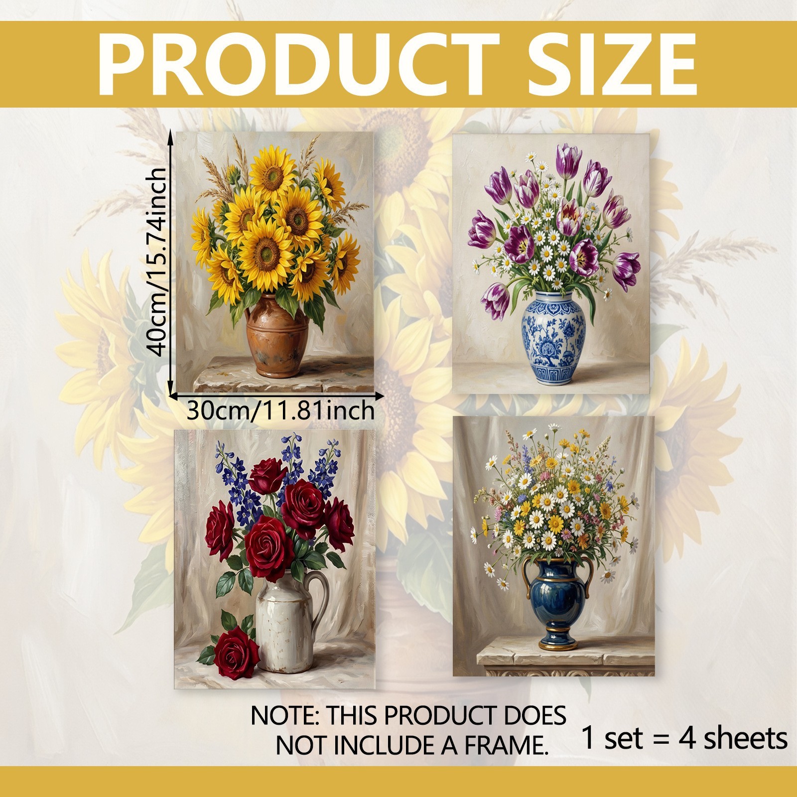 Floral Vase Art Print Set 4pcs Tear for proof Wrinkle for proof 8.26 x 11.81 in