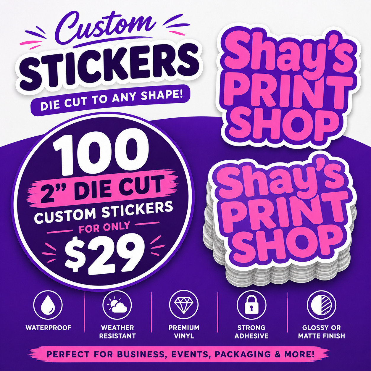 100 Custom 2" Die Cut Stickers | Upload Your Logo | Waterproof Vinyl Decals