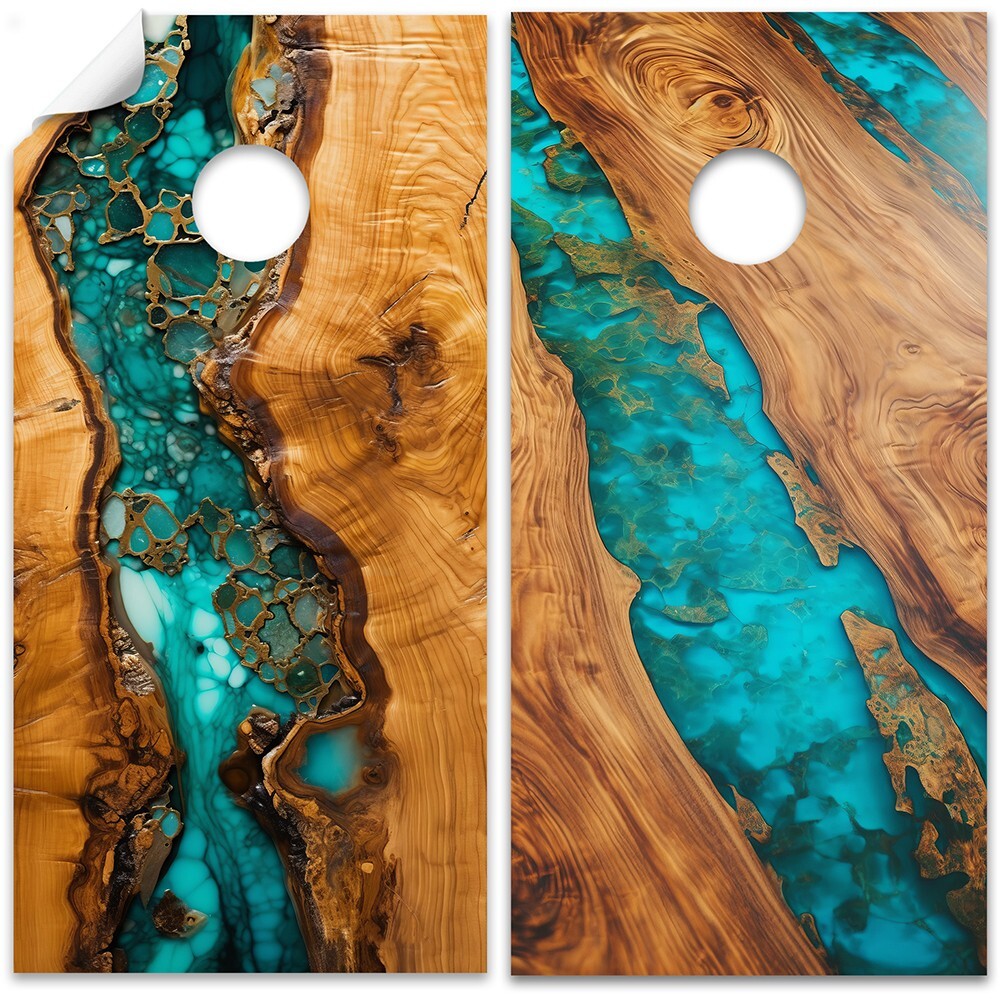 Wood Turquoise Epoxy Cornhole Wraps Stickers Cornhole Skins Cornhole Wraps for B