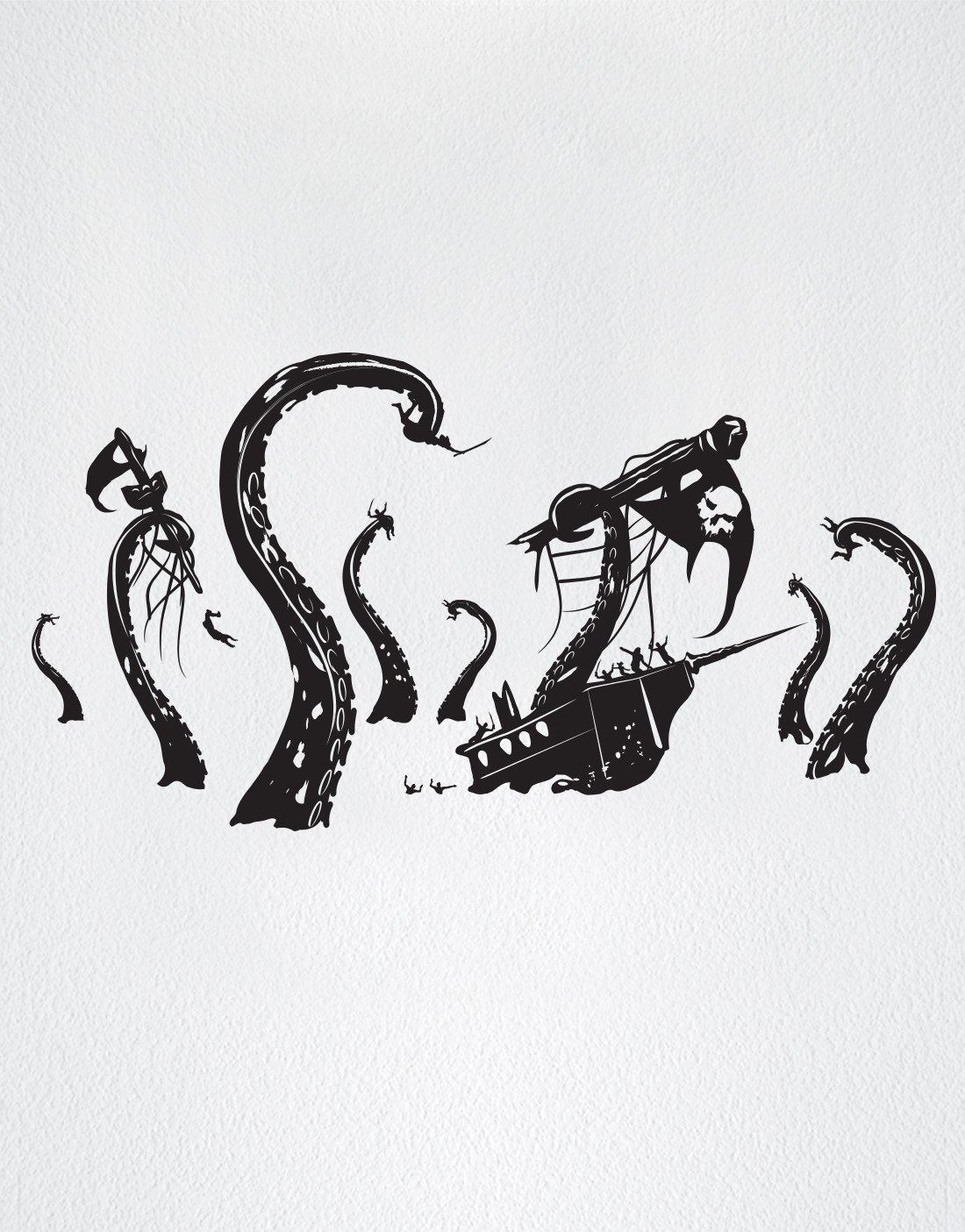 Pirate Ships attacked by Kraken Wall Decal Sticker. Beach Nautical Theme Decor.