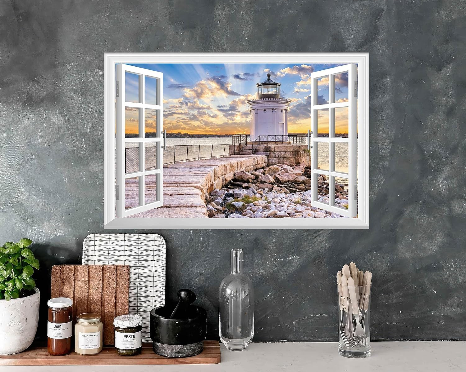 Fake Window Wall Sticker – Shoreline Lighthouse Faux Window Wall Mural for Wall