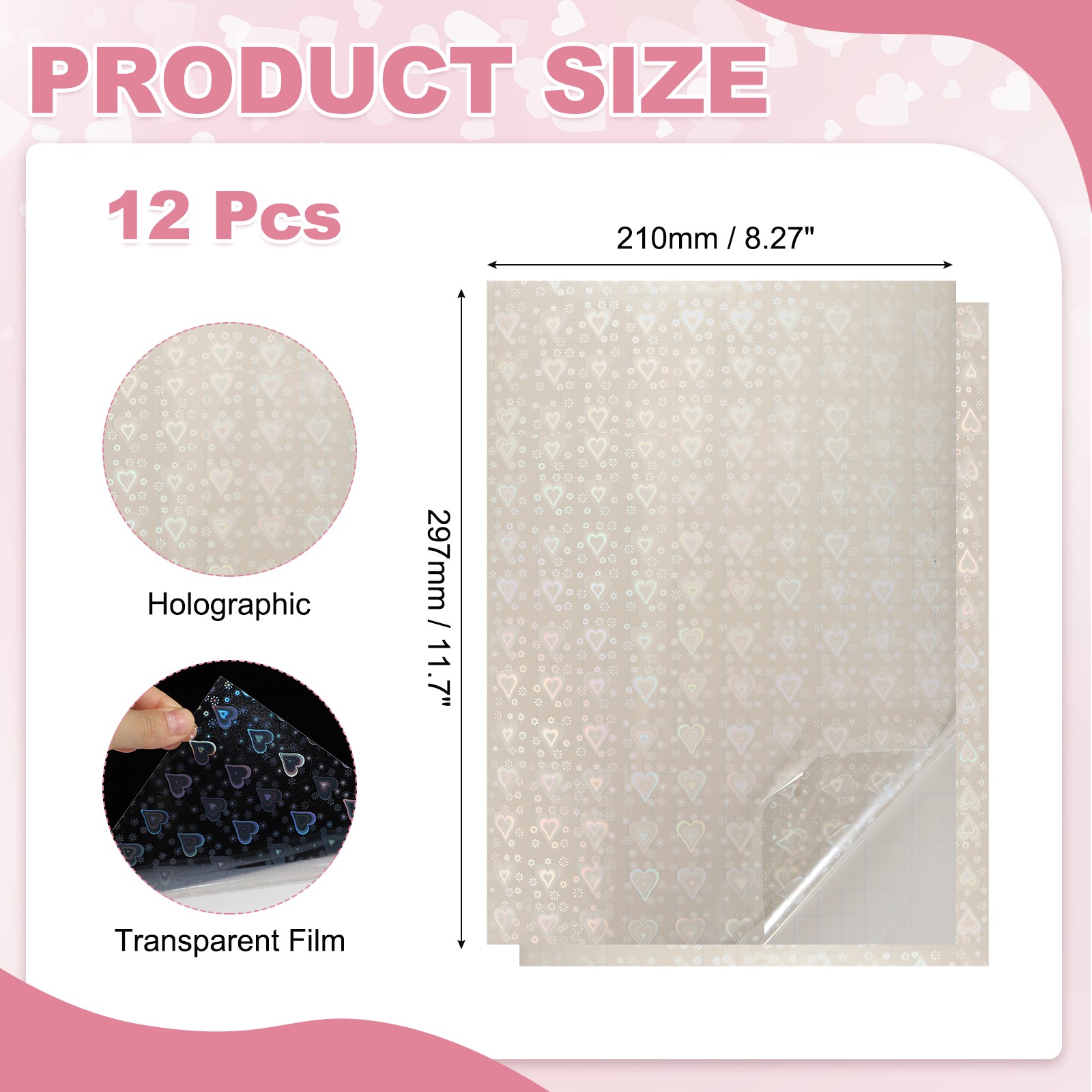 12 Sheets 8.3"x11.7" Holographic Sticker A4 Self-Adhesive Film(Heart)