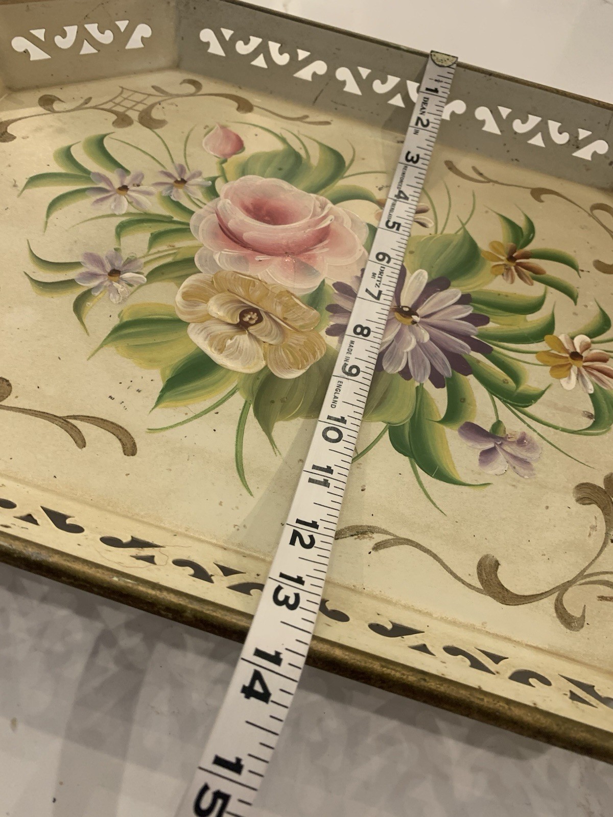 Vintage 1940’s Floral Hand Painted Metal Tray Handled Toleware Wall Art 18”