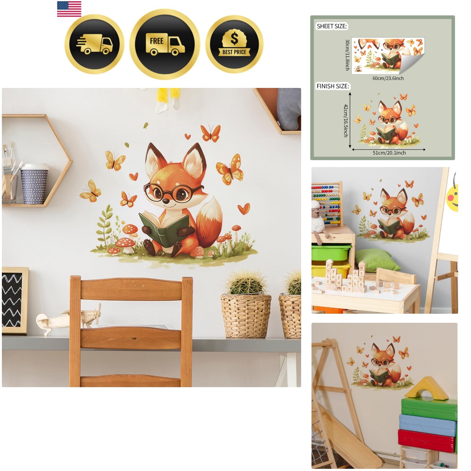 Woodland Fox Kids Wall Decal Nursery Decor with Butterflies Mushrooms 11.8 x …