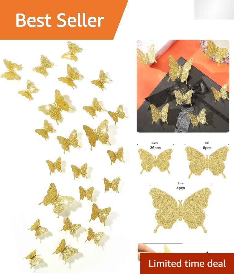 Elegant 48-Piece DIY Glitter Gold Mirror Butterfly Decals – Perfect for Any Room