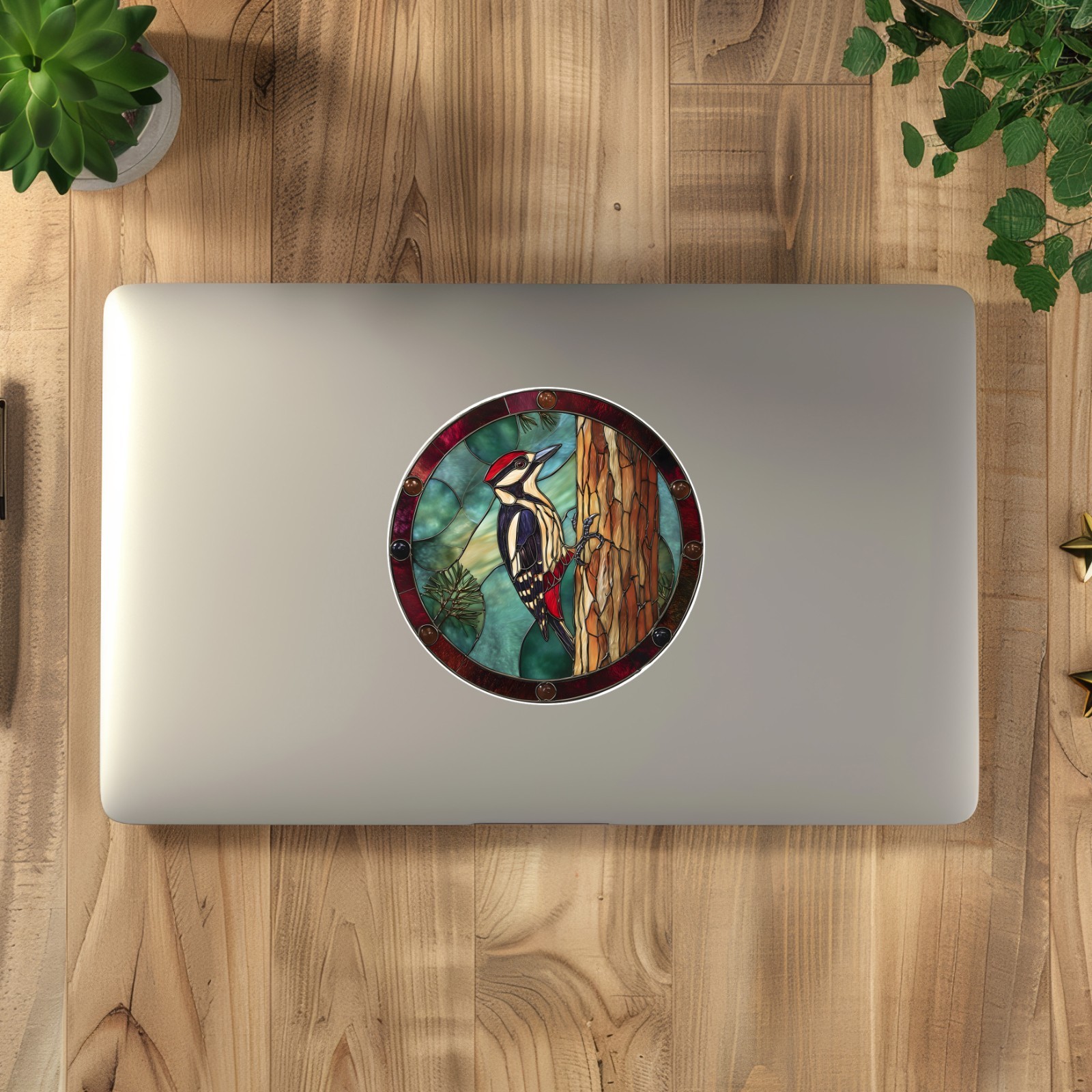 Woodpecker Bird Wildlife Stained Glass Window Opaque Vinyl Sticker Decal