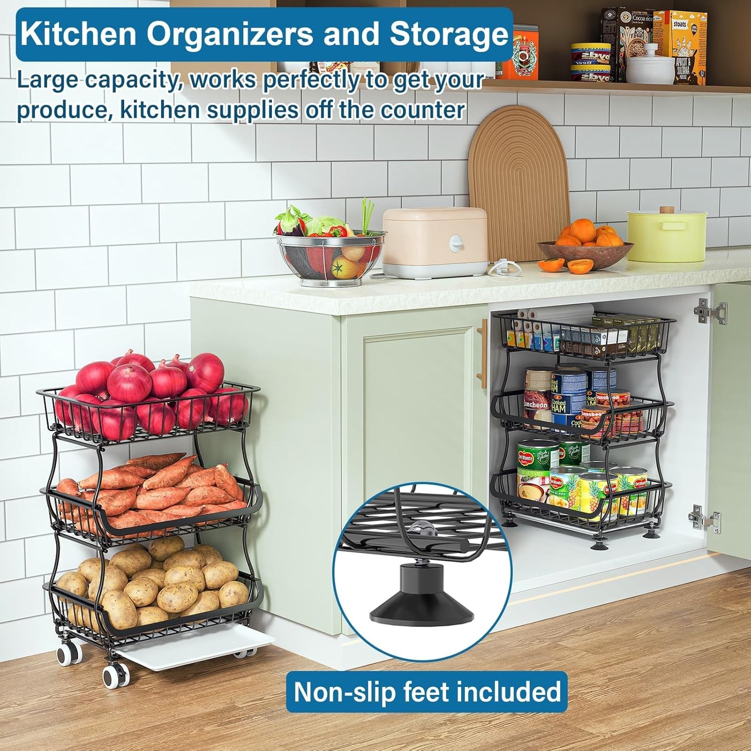Pantry Storage Cart Fruit Basket Stand 3 Tier Stackable Wire Basket Organizer