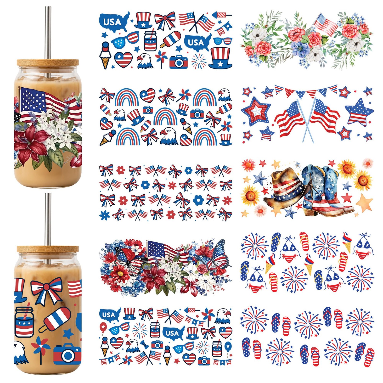 Colorfairy 10pc 4th July UV DTF Cup Wraps 16oz
