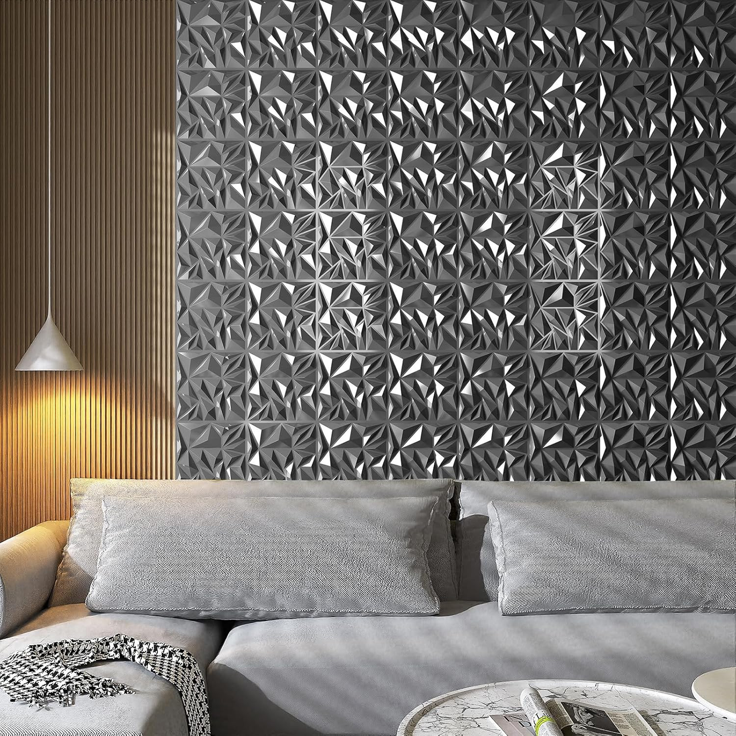33-Pack 3D Diamond Wall Panels – Silver for Gaming & Living Room Decor