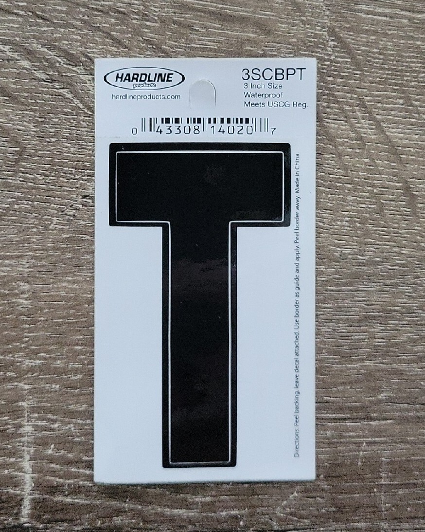 Hardline Self Adhesive Letter T Glossy Black 3" Super Stick, Waterproof. 3SCBPT