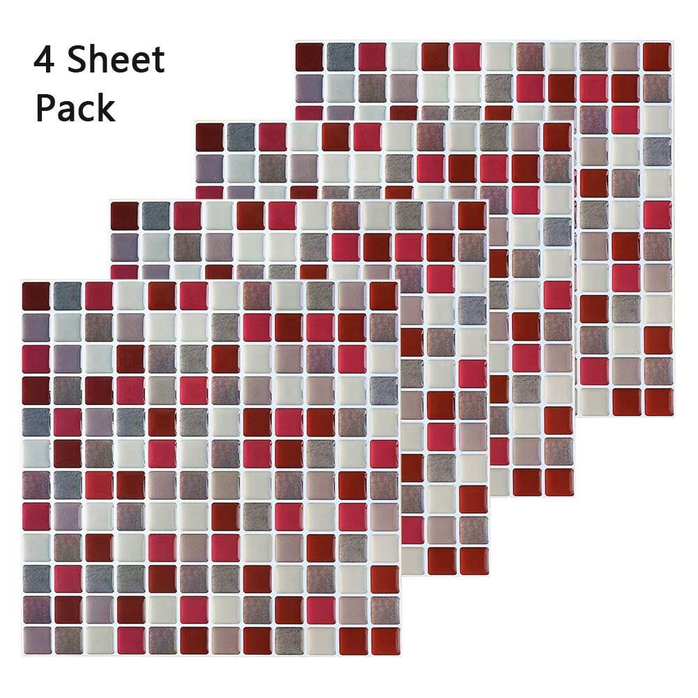 3D Mosaic Tile Sticker Removable Wallpaper Tile Red, 3D Adhesive Wall Tiles B…