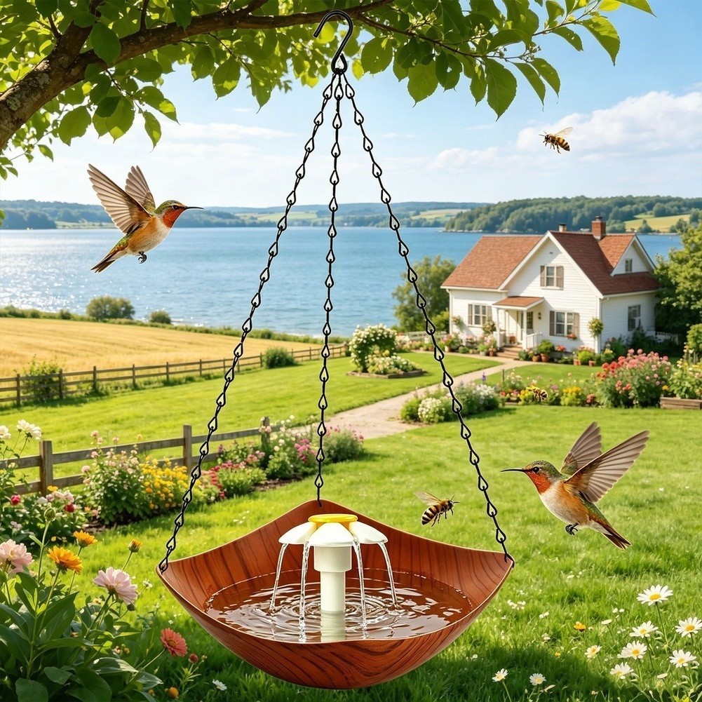 Garden Bird Bath with Solar Fountain and Feeding Area Designed for Hanging Use