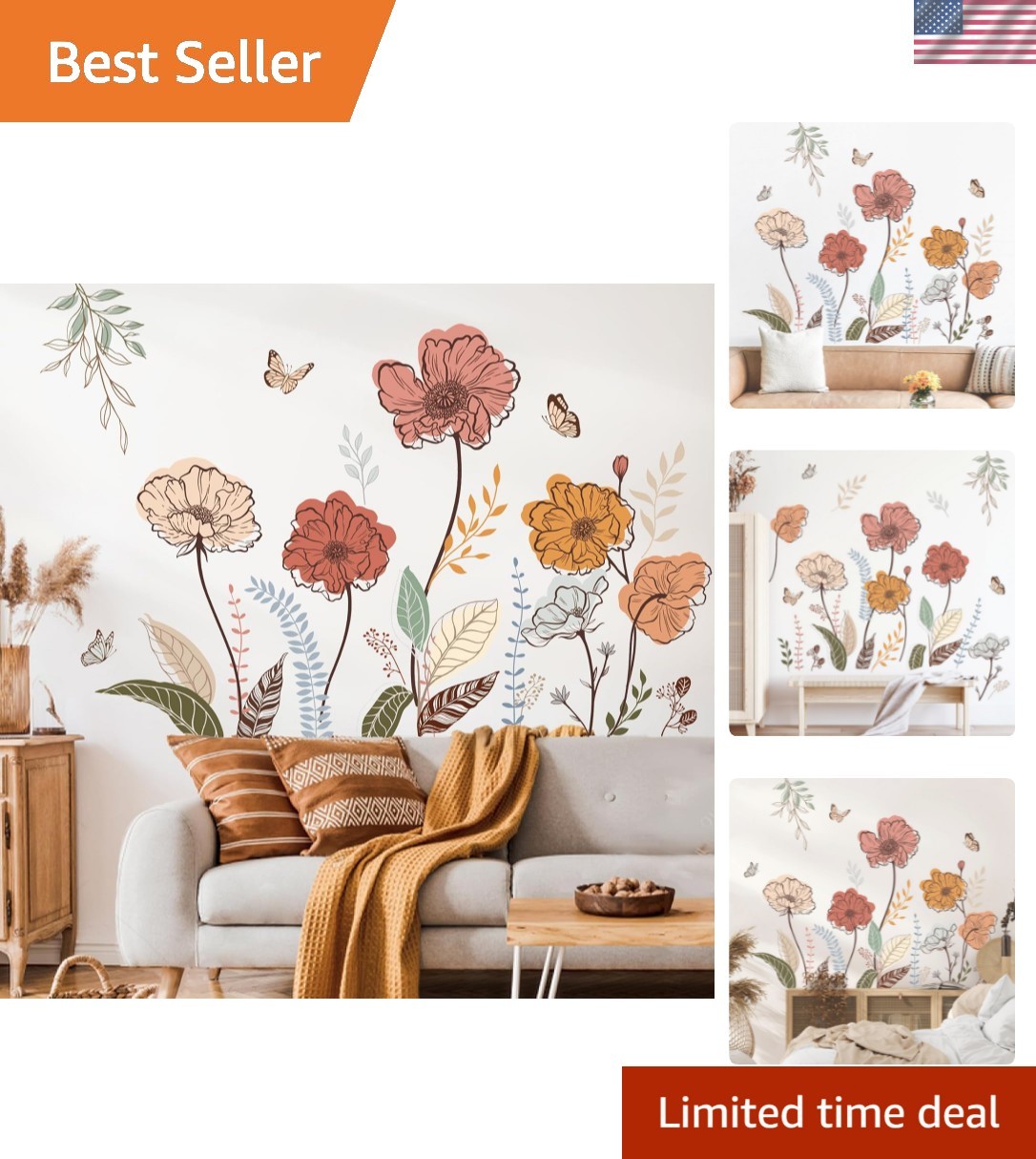 Multi-Color Floral Peel and Stick Wall Art – Perfect for Living Room and Nursery