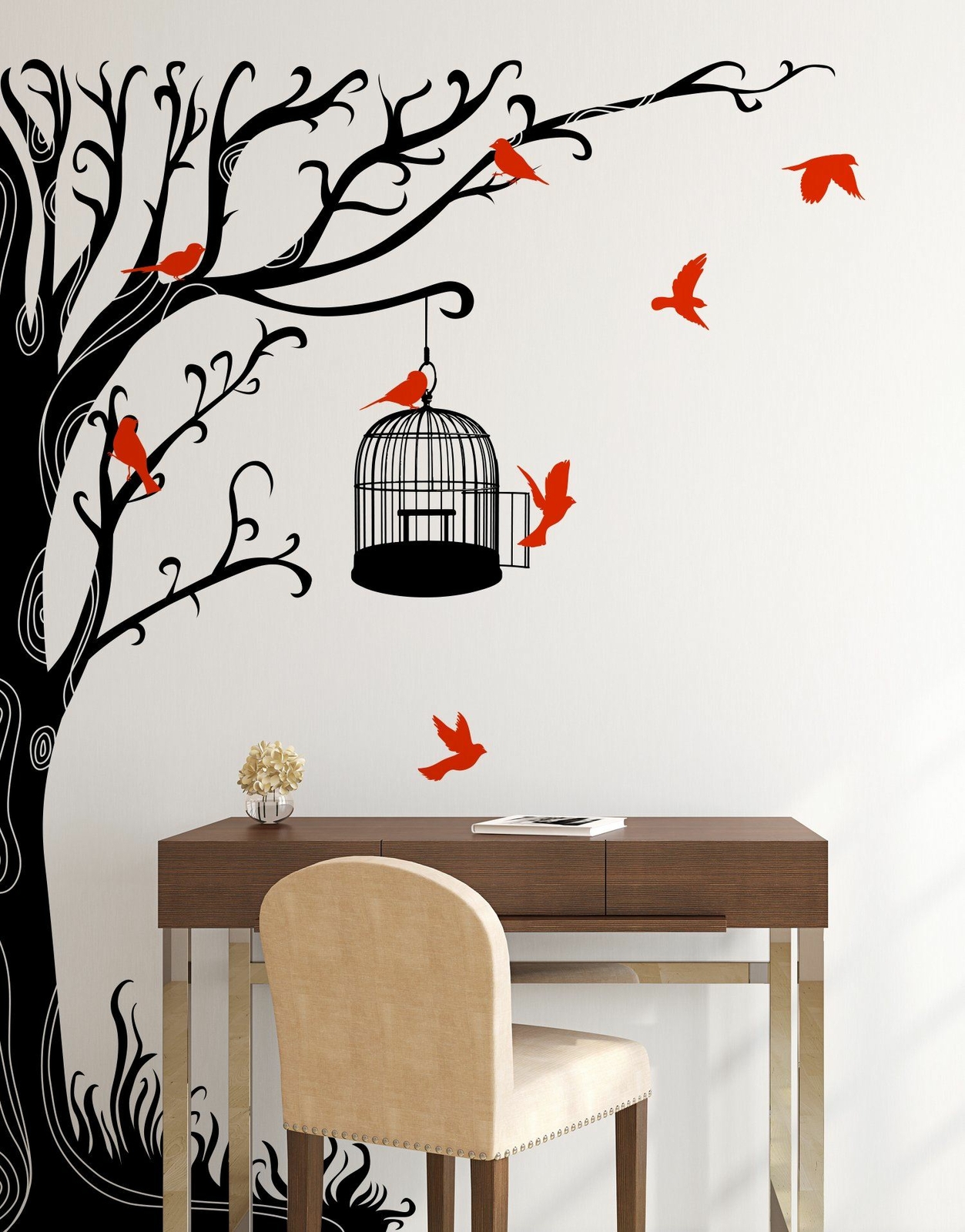 Swirly Tree with Bird Cage Wall Decal Sticker. #6148