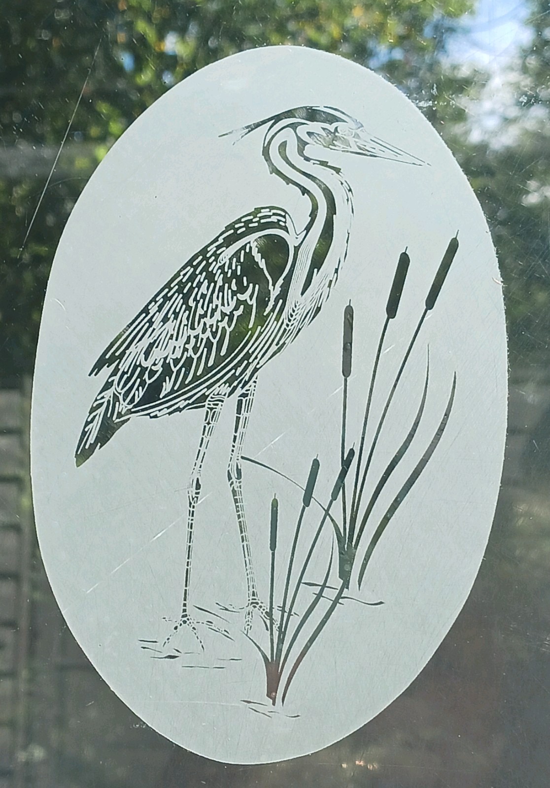 Heron Left Window Decal 8 X 12 OVAL Etched Glass Look Cling Removable&Reusable 1