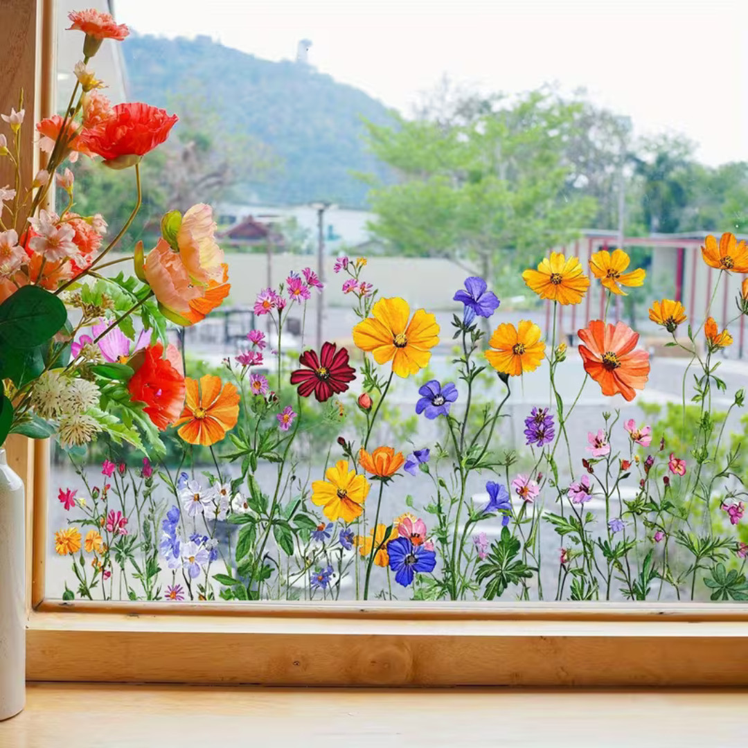 Reusable PVC Static Cling Window Stickers Floral Glass Door Wall Decals Removabl