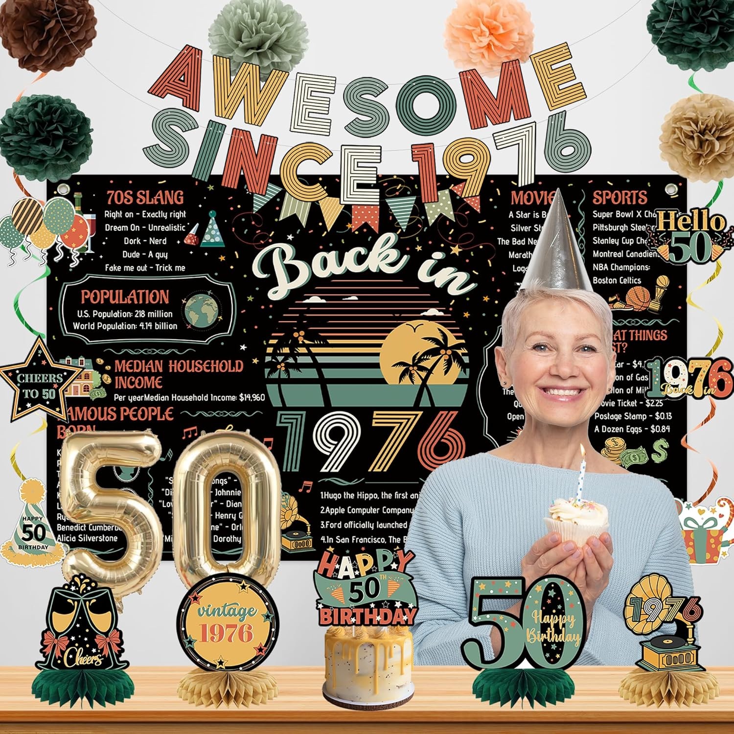 50Th Birthday Decorations Men Women, Colorful Vintage Back in 1976 Poster Cheers
