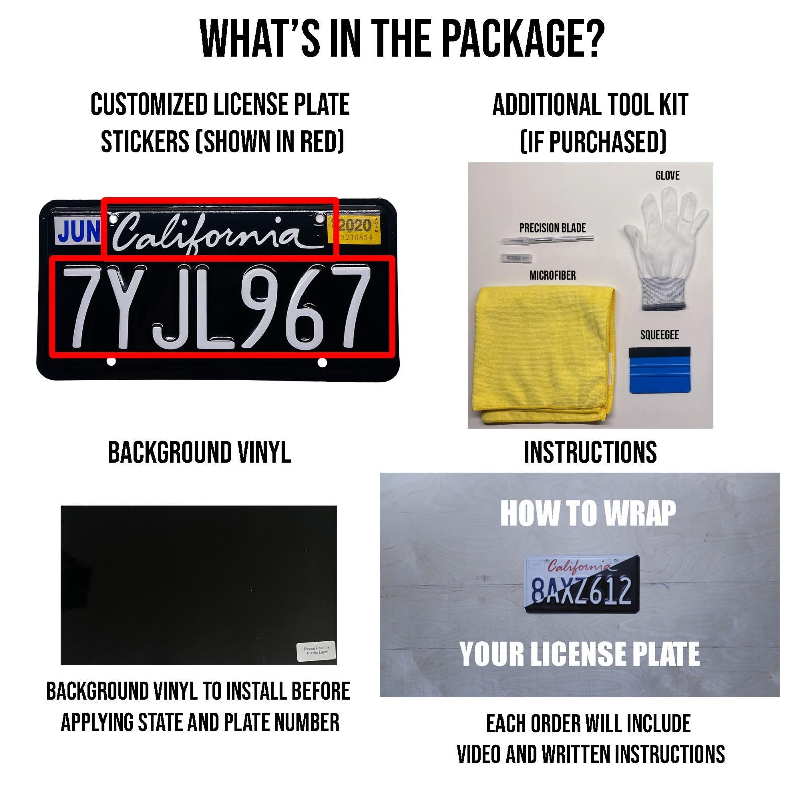Cursive and Legacy California CA Plate Wrap DIY Kit White, Yellow Red Reflective