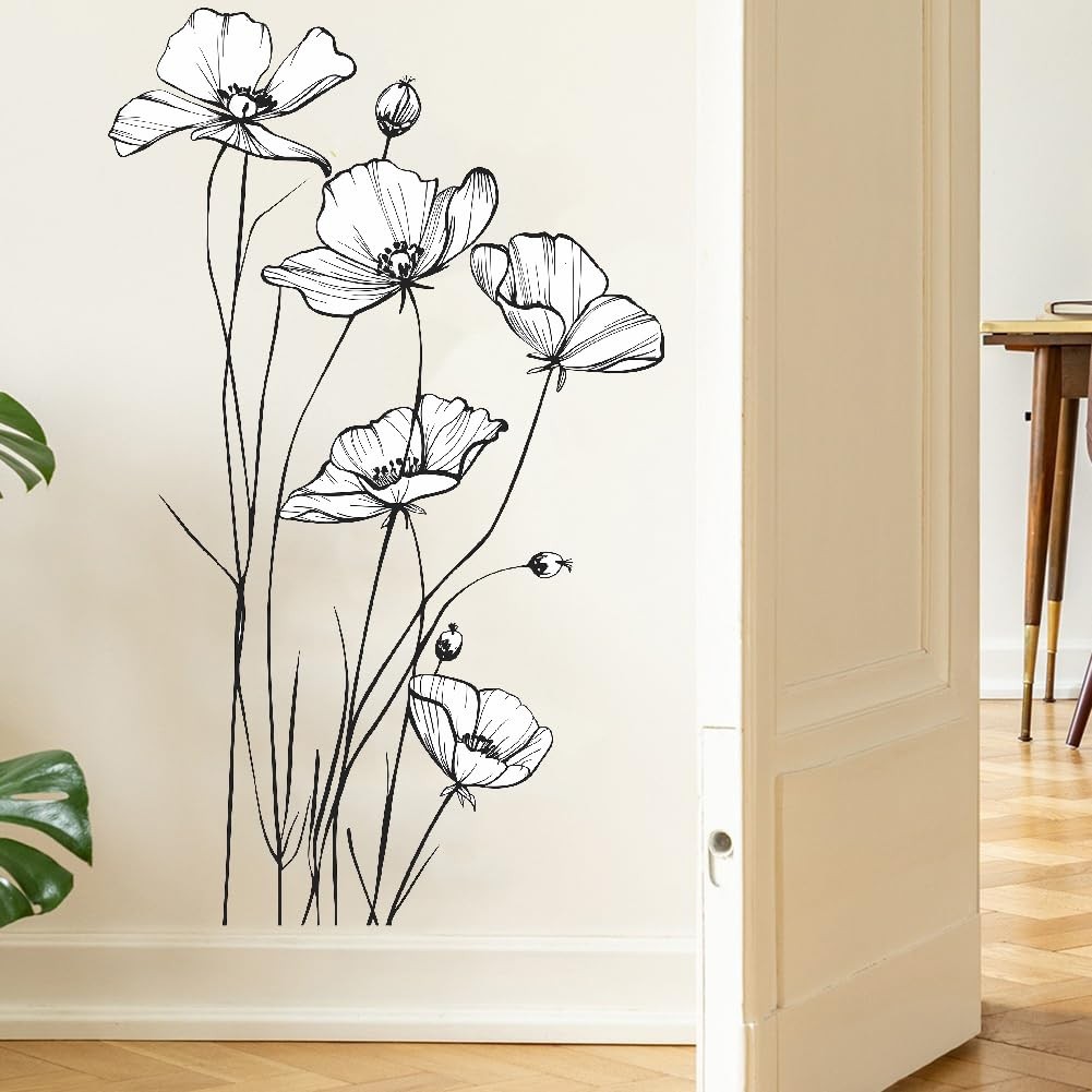 Black and White Poppy Flower Wall Decal Minimalist Sketch Botanical Wall Art …