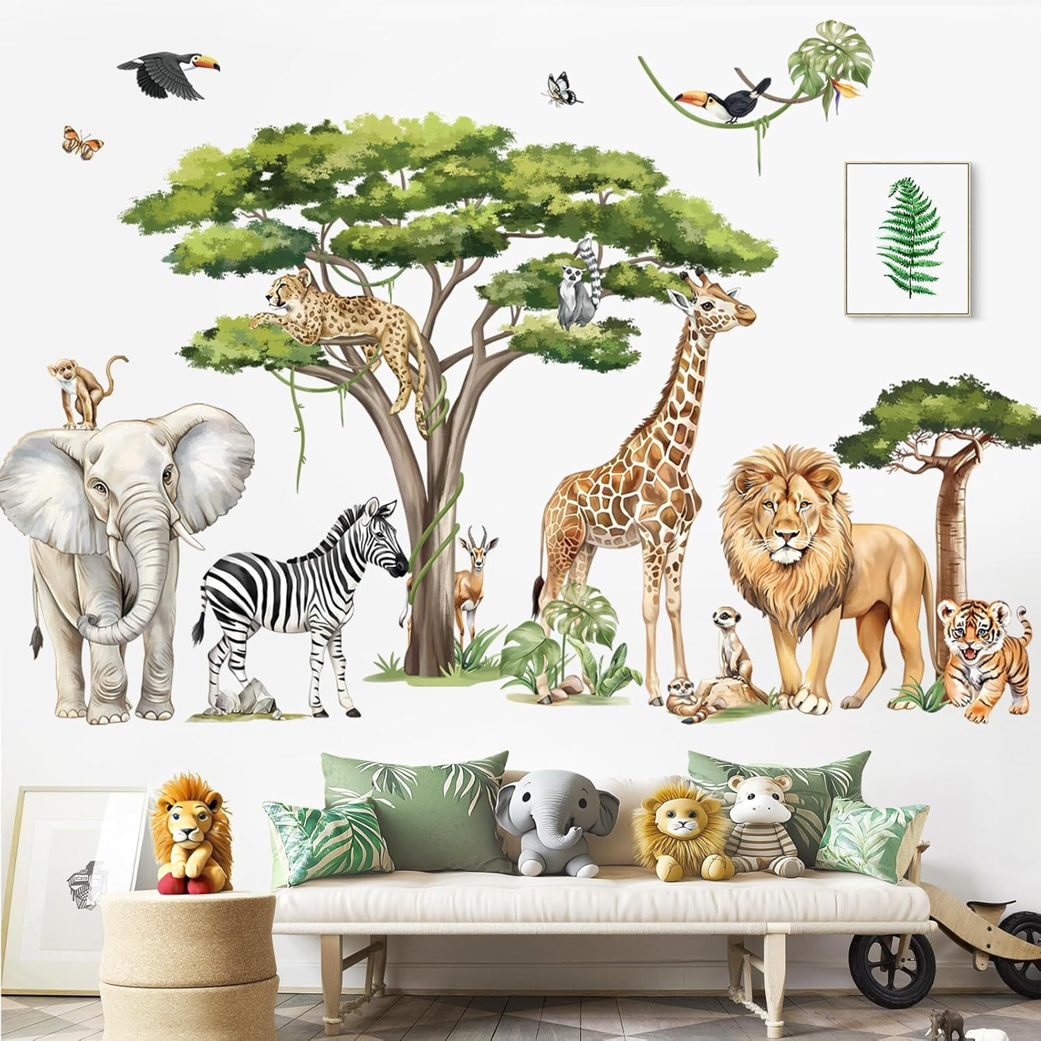 Large Safari Animals Tree Wall Stickers Jungle Animals Giraffe Elephant Lion Leo