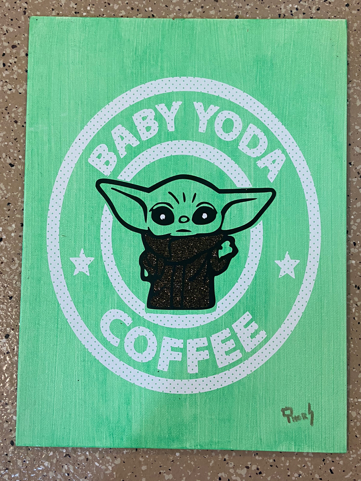 Handcrafted Star Wars Baby Yoda Coffee Vinyl On Canvas 9×12 Signed Artwork B