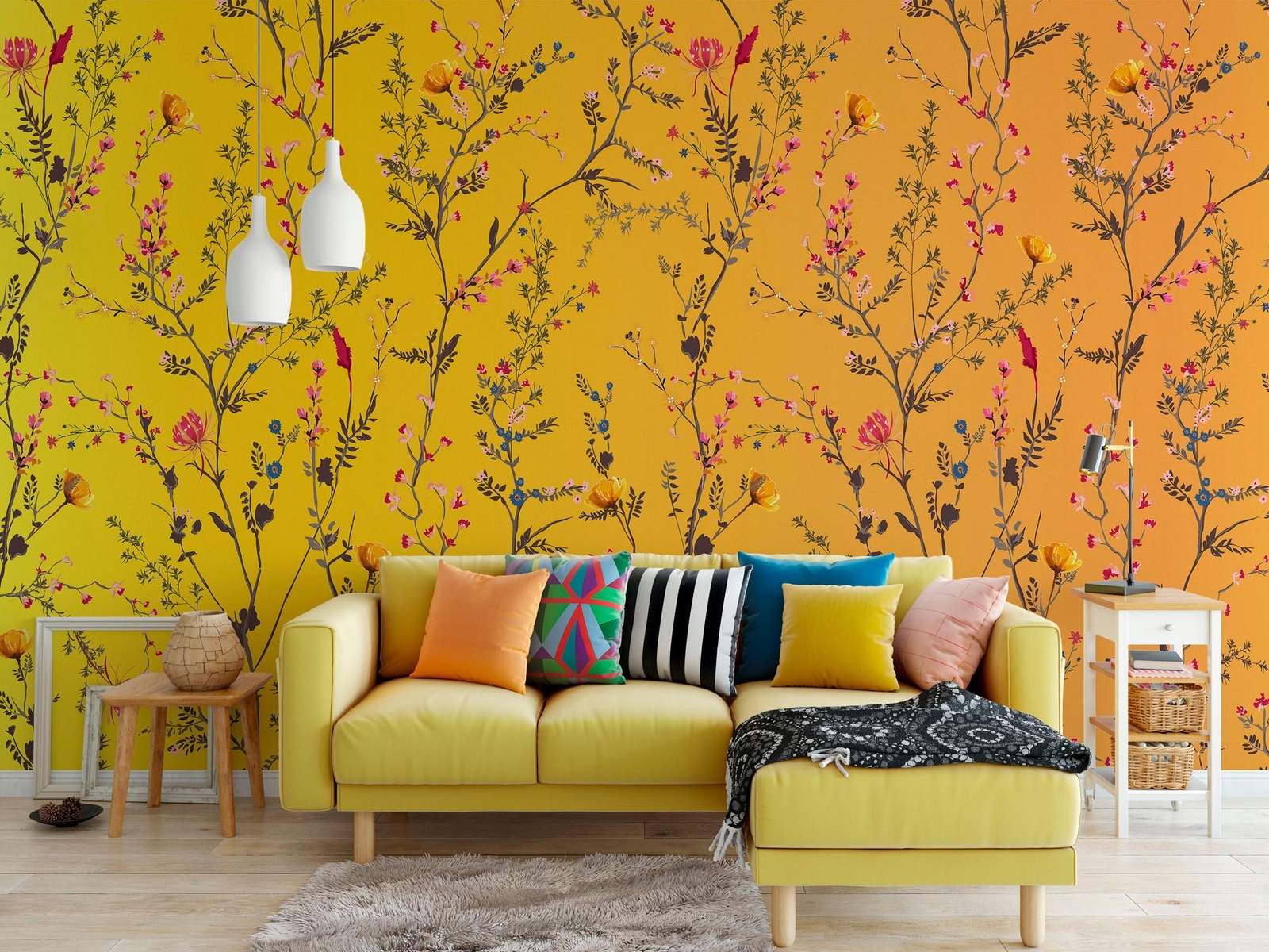 Botanical Flower Garden With Yellow Orange Background Wall Mural. Blossom Flower