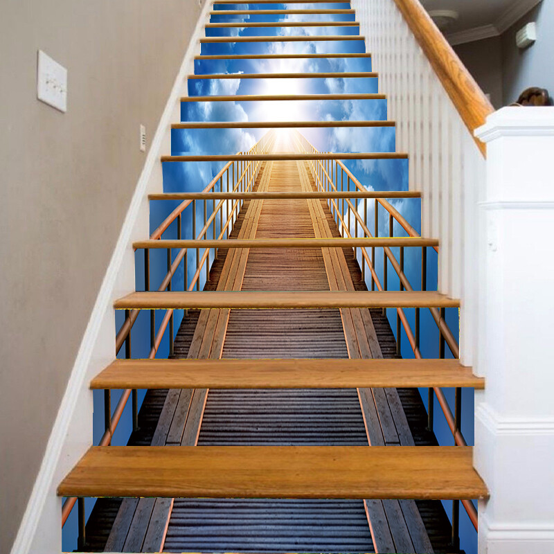 13pcs 3D Blue Sky Ladder Self-adhesive Stickers Stair Riser Decal Home Decor New