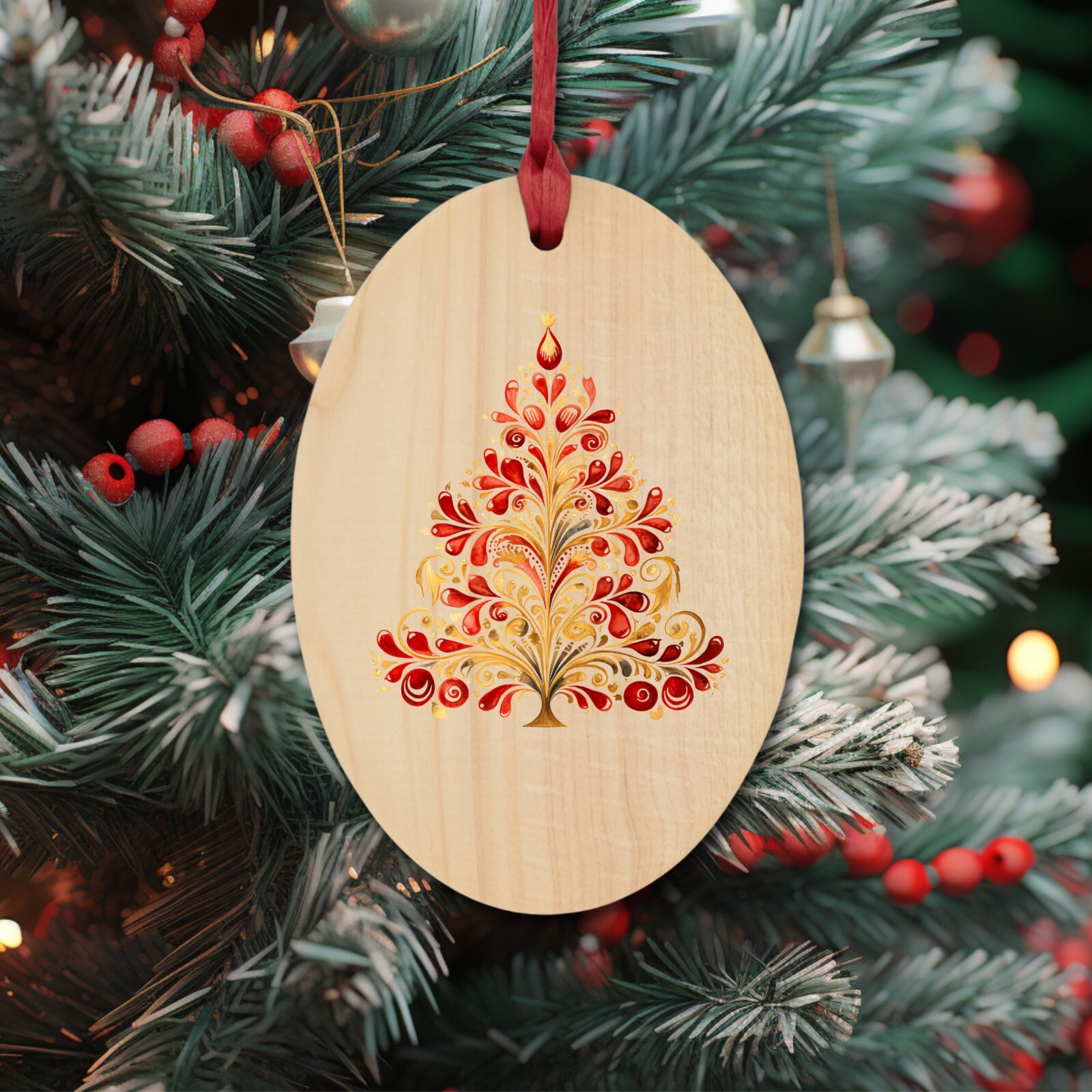 Red and Yellow Nordic Christmas Tree UV DTF Transparent Sticker / Decal