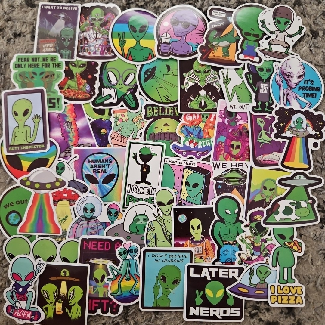 50 Lot Outer Space Roswell Alien Area51 UFO Craft Wall Phone Decal Sticker Pack