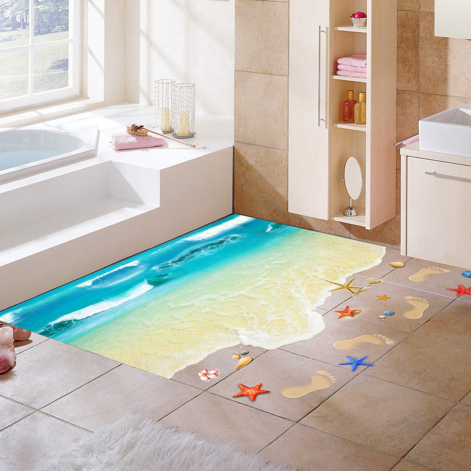 3D Water Waves Beach Ocean Waterproof Creative Floor Tiles Painting Murals Wa…