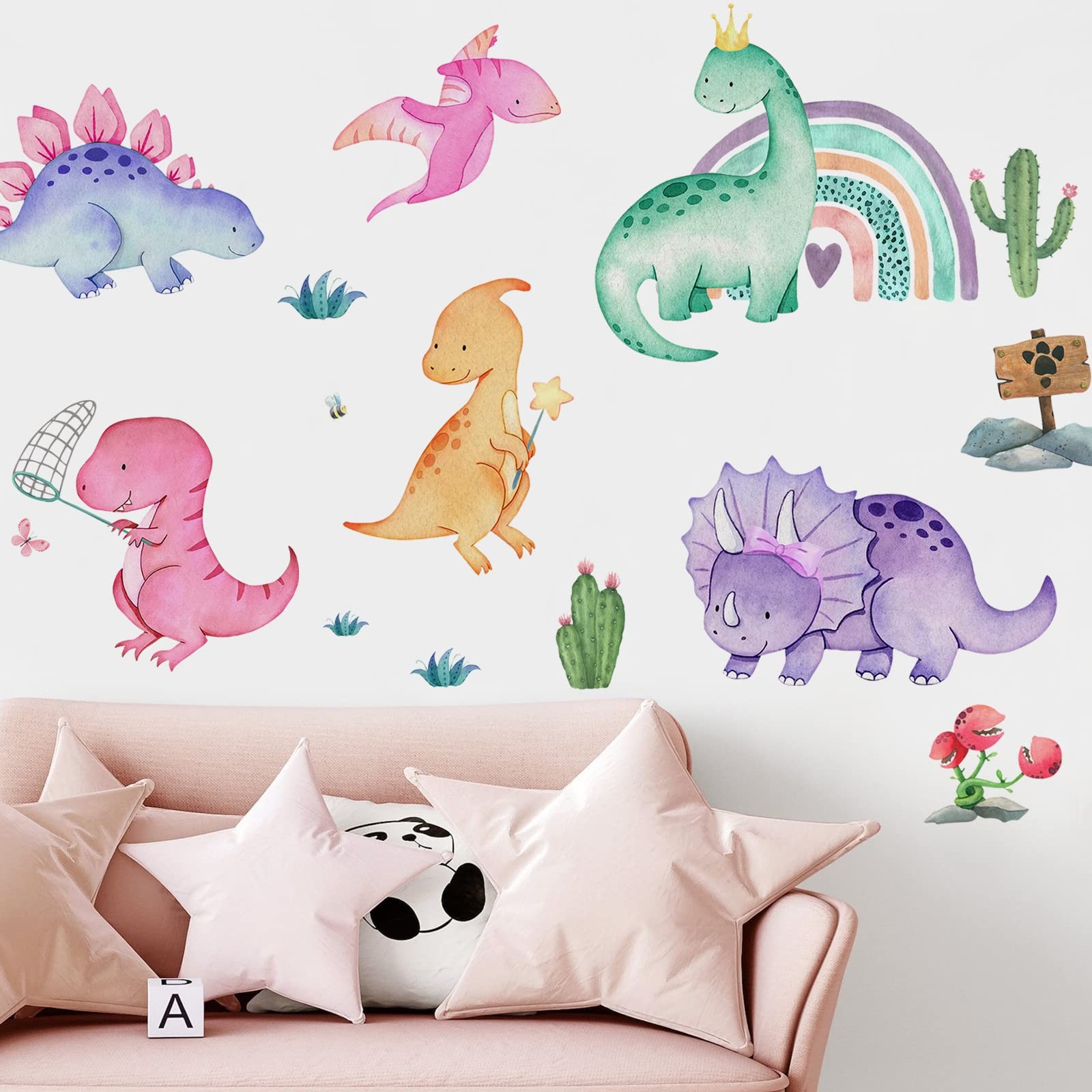 Girls Dinosaur Wall Decals Stickers, Dino Rainbow Cactus Nursery Decor, Tropi…