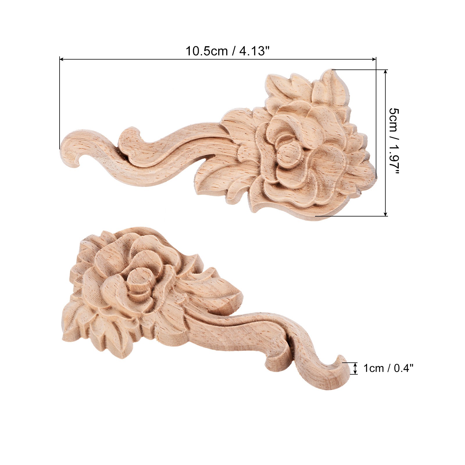 4pcs Rose Shape Wood Appliques for Furniture, 10.5cm Length